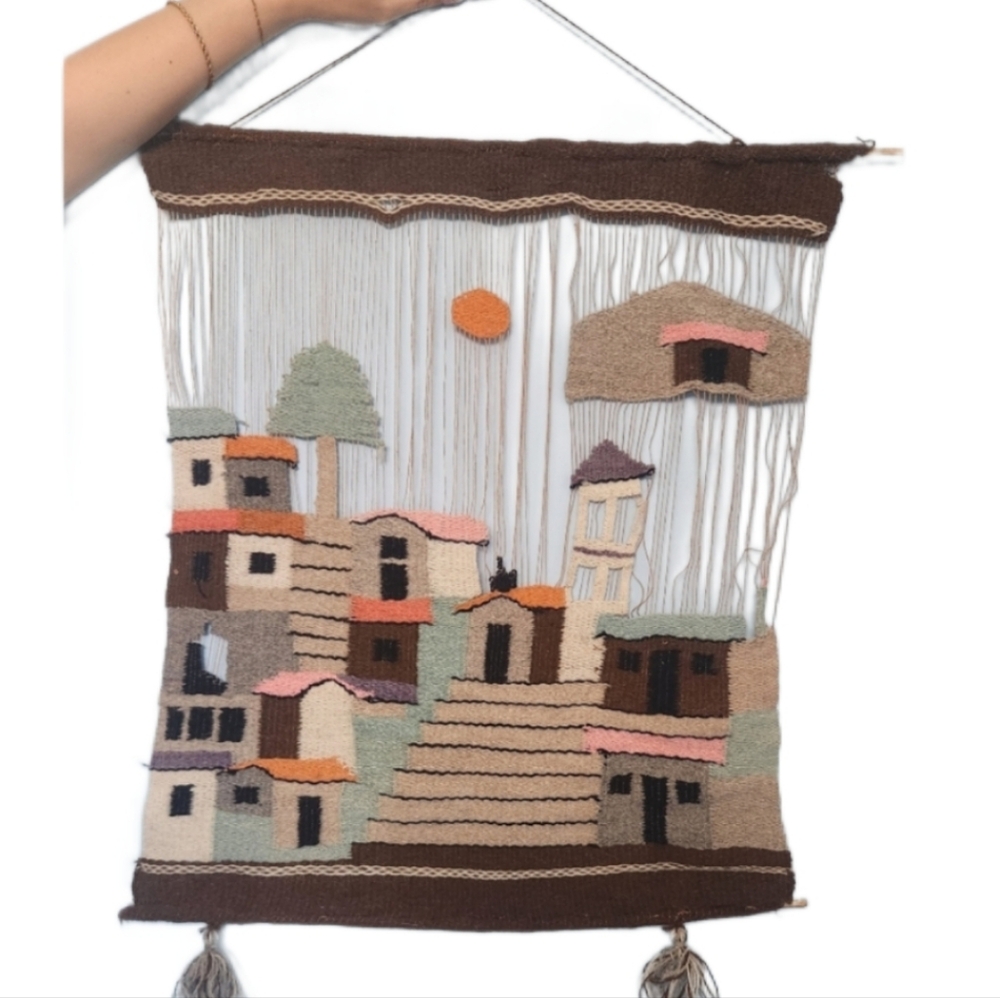Peruvian Real Wool All Wool/wood Handmade Woven Wall Hanging with Village‎ Scene